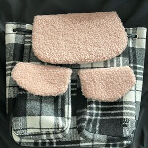 NWOT BearPaw Backpack Bag Purse Black Plaid Pink Multiple Pockets BWBBPW0002
